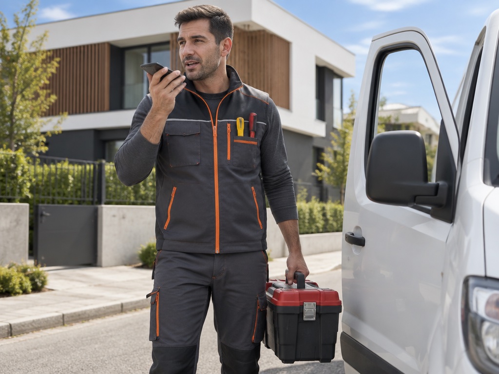 Un elettricista in piedi accanto al furgone manda un vocale dal telefono a fine lavoro